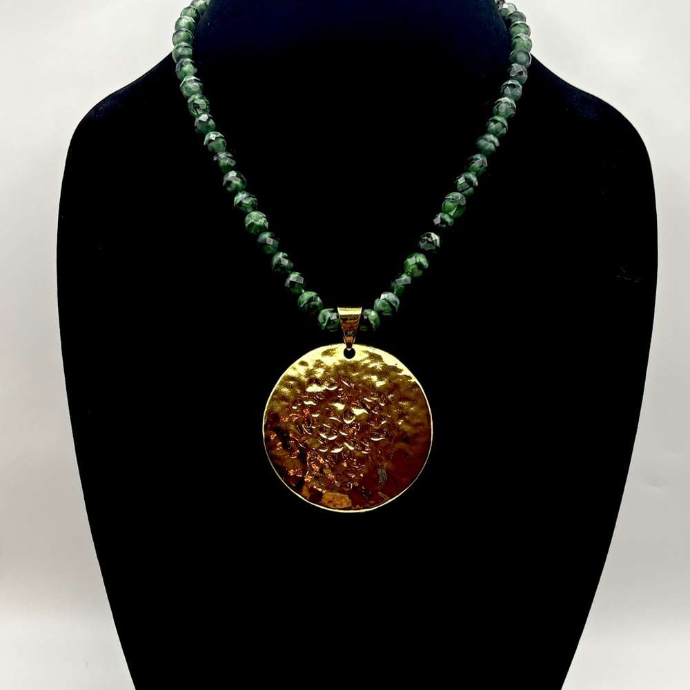 Studio Barse Hammered Golden Bronze & Faceted Malachite Statement Necklace